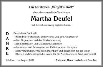 Traueranzeige von Martha Deufel von Allgäuer Anzeigeblatt