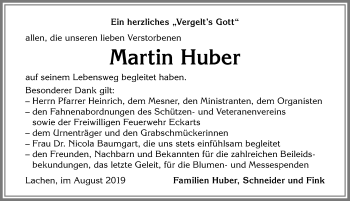 Traueranzeige von Martin Huber von Allgäuer Anzeigeblatt