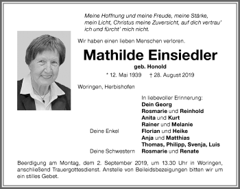 Traueranzeige von Mathilde Einsiedler von Memminger Zeitung