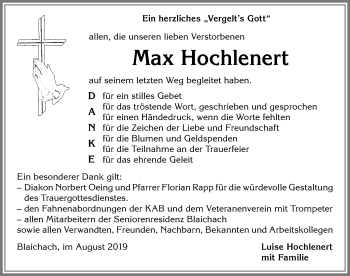 Traueranzeige von Max Hochlenert von Allgäuer Anzeigeblatt