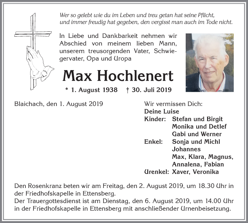  Traueranzeige für Max Hochlenert vom 01.08.2019 aus Allgäuer Anzeigeblatt