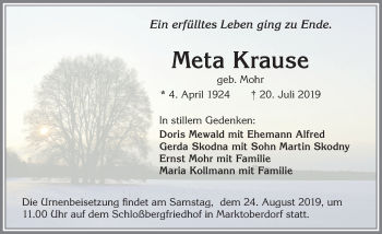 Traueranzeige von Meta Krause von Allgäuer Zeitung, Marktoberdorf