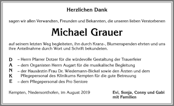 Traueranzeige von Michael Grauer von Allgäuer Zeitung,Kempten