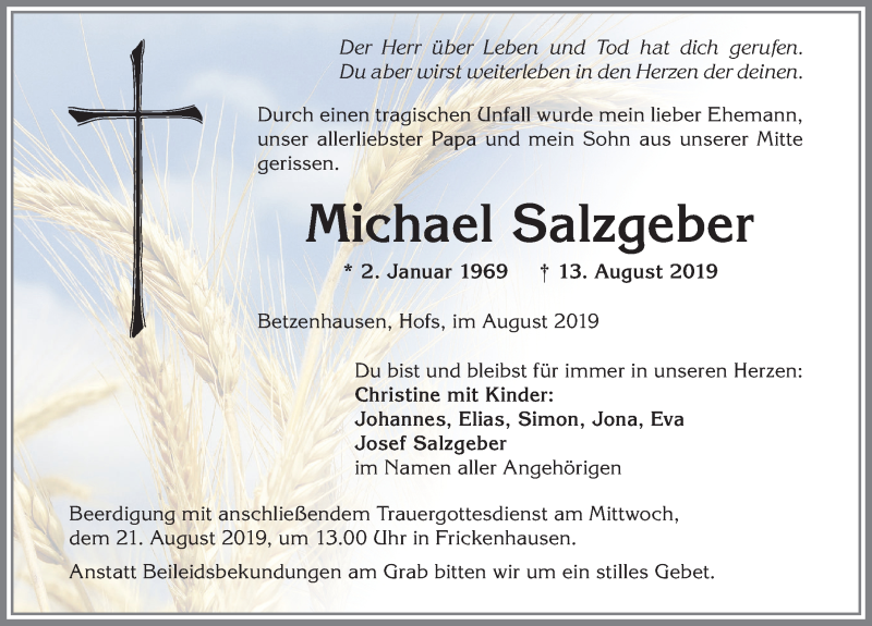  Traueranzeige für Michael Salzgeber vom 20.08.2019 aus Allgäuer Zeitung
