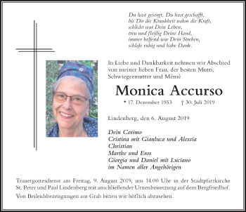 Traueranzeige von Monica Accurso von Der Westallgäuer