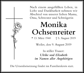 Traueranzeige von Monika Ochsenreiter von Der Westallgäuer
