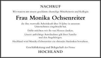 Traueranzeige von Monika Ochsenreiter von Der Westallgäuer