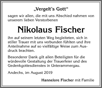 Traueranzeige von Nikolaus Fischer von Allgäuer Zeitung, Füssen