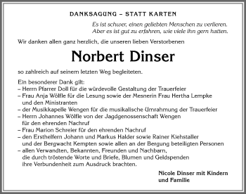 Traueranzeige von Norbert Dinser von Allgäuer Zeitung,Kempten