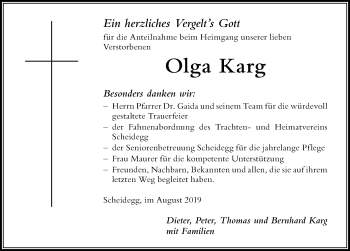 Traueranzeige von Olga Karg von Der Westallgäuer
