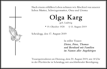 Traueranzeige von Olga Karg von Der Westallgäuer