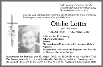 Traueranzeige von Ottilie Lotter von Allgäuer Zeitung, Füssen