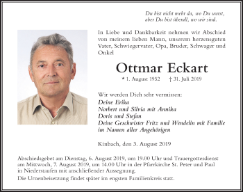 Traueranzeige von Ottmar Eckart von Der Westallgäuer