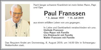 Traueranzeige von Paul Franssen von Allgäuer Zeitung, Füssen