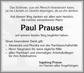 Traueranzeige von Paul Prause von Allgäuer Zeitung, Kaufbeuren/Buchloe