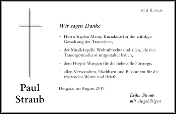 Traueranzeige von Paul Straub von Der Westallgäuer
