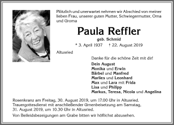 Traueranzeige von Paula Reffler von Allgäuer Zeitung,Kempten