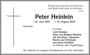 Traueranzeige von Peter Heinlein von Allgäuer Zeitung,Kempten