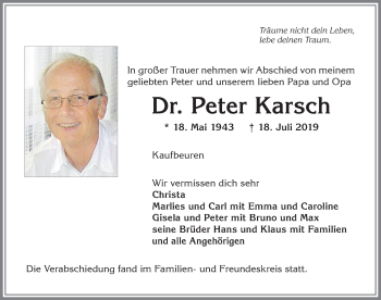 Traueranzeige von Peter Karsch von Allgäuer Zeitung, Kaufbeuren/Buchloe