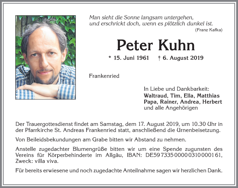  Traueranzeige für Peter Kuhn vom 14.08.2019 aus Allgäuer Zeitung, Kaufbeuren/Buchloe