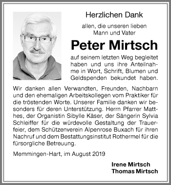 Traueranzeige von Peter Mirtsch von Memminger Zeitung