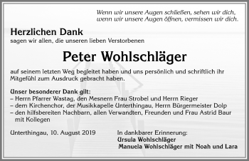 Traueranzeige von Peter Wohlschläger von Allgäuer Zeitung, Marktoberdorf