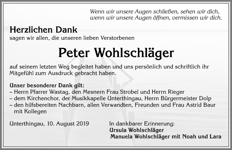  Traueranzeige für Peter Wohlschläger vom 10.08.2019 aus Allgäuer Zeitung, Marktoberdorf