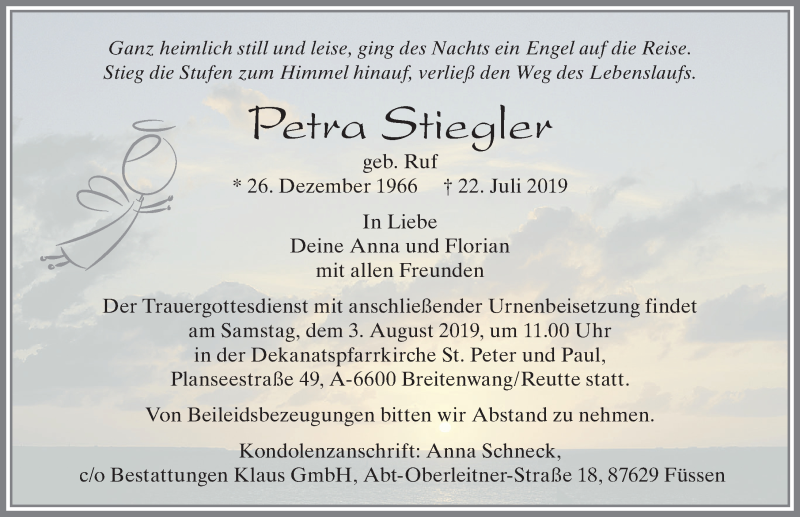  Traueranzeige für Petra Stiegler vom 01.08.2019 aus Allgäuer Zeitung, Füssen