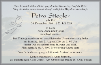 Traueranzeige von Petra Stiegler von Allgäuer Zeitung, Füssen