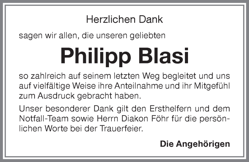  Traueranzeige für Philipp Blasi vom 17.08.2019 aus Memminger Zeitung