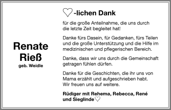 Traueranzeige von Renate Rieß von Memminger Zeitung