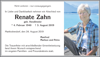 Traueranzeige von Renate Zahn von Allgäuer Zeitung