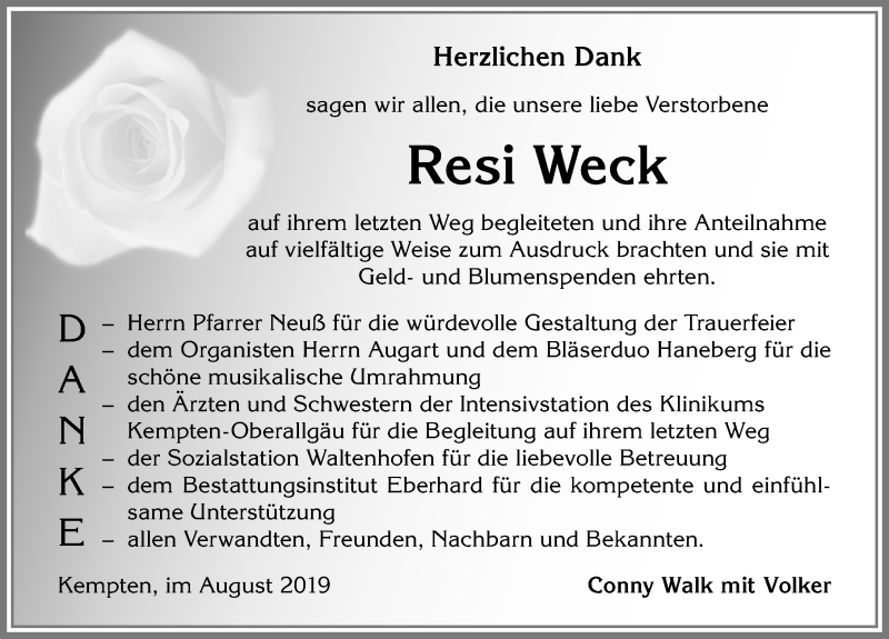  Traueranzeige für Resi Weck vom 17.08.2019 aus Allgäuer Zeitung,Kempten
