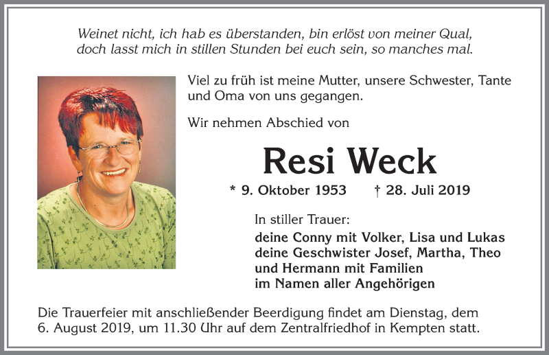 Traueranzeige für Resi Weck vom 03.08.2019 aus Allgäuer Zeitung,Kempten