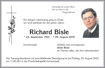 Traueranzeige von Richard Bisle von Allgäuer Anzeigeblatt