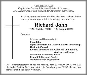 Traueranzeige von Richard John von Allgäuer Zeitung,Kempten