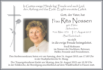 Traueranzeige von Rita Nossen von Allgäuer Zeitung, Füssen