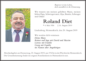 Traueranzeige von Roland Diet von Der Westallgäuer