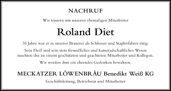 Traueranzeige von Roland Diet von Der Westallgäuer