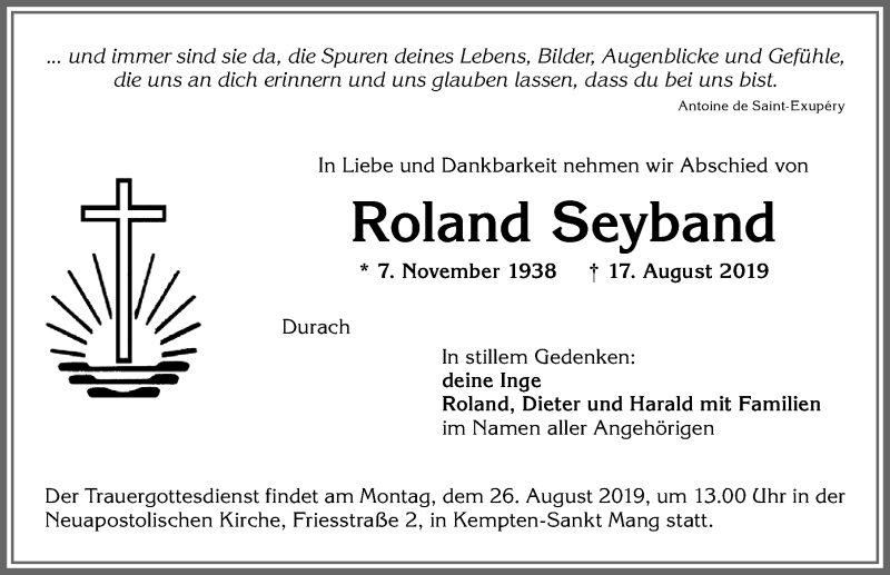  Traueranzeige für Roland Seyband vom 22.08.2019 aus Allgäuer Zeitung,Kempten