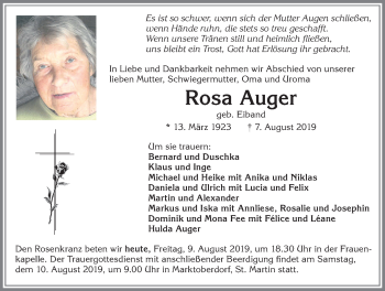 Traueranzeige von Rosa Auger von Allgäuer Zeitung, Marktoberdorf