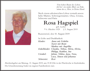 Traueranzeige von Rosa Hagspiel von Der Westallgäuer