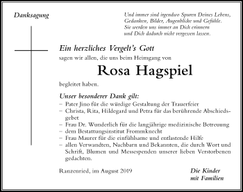 Traueranzeige von Rosa Hagspiel von Der Westallgäuer