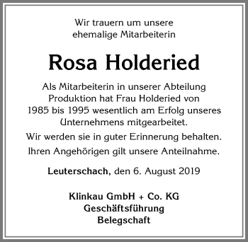Traueranzeige von Rosa Holderied von Allgäuer Zeitung, Marktoberdorf