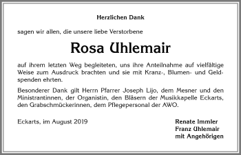 Traueranzeige von Rosa Uhlemair von Allgäuer Anzeigeblatt
