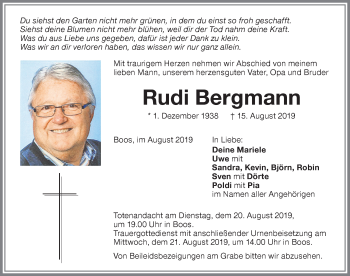 Traueranzeige von Rudi Bergmann von Memminger Zeitung