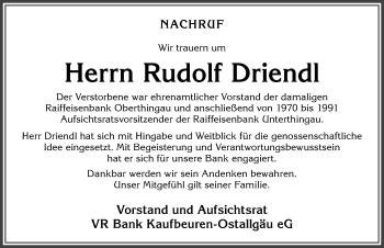 Traueranzeige von Rudolf Driendl von Allgäuer Zeitung, Marktoberdorf