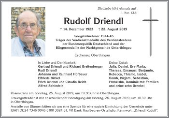 Traueranzeige von Rudolf Driendl von Allgäuer Zeitung, Marktoberdorf