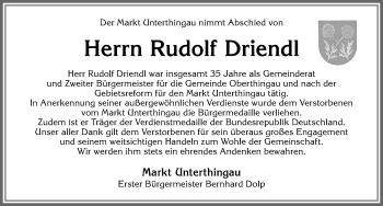 Traueranzeige von Rudolf Driendl von Allgäuer Zeitung, Marktoberdorf