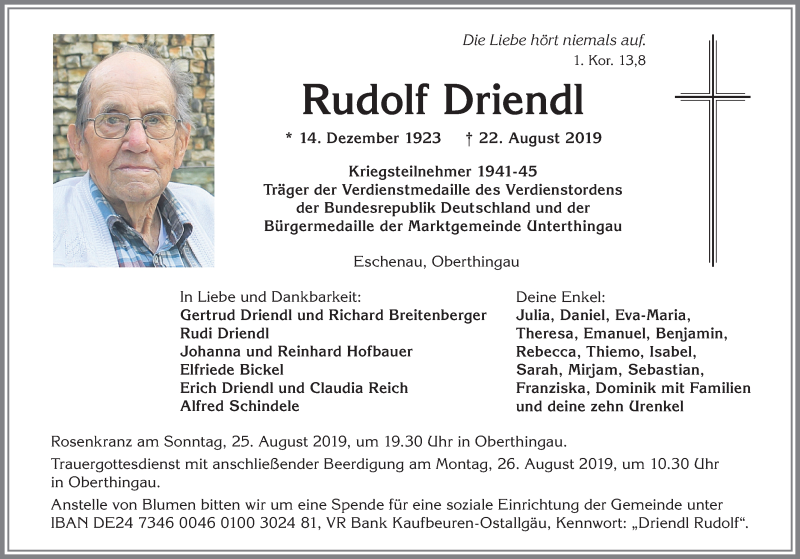  Traueranzeige für Rudolf Driendl vom 24.08.2019 aus Allgäuer Zeitung, Marktoberdorf